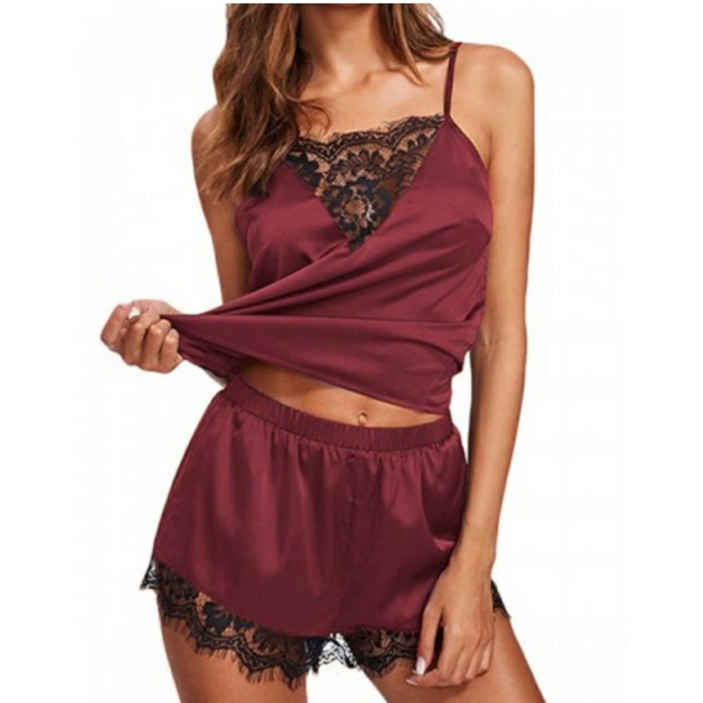 Wine red lace sleepwear set